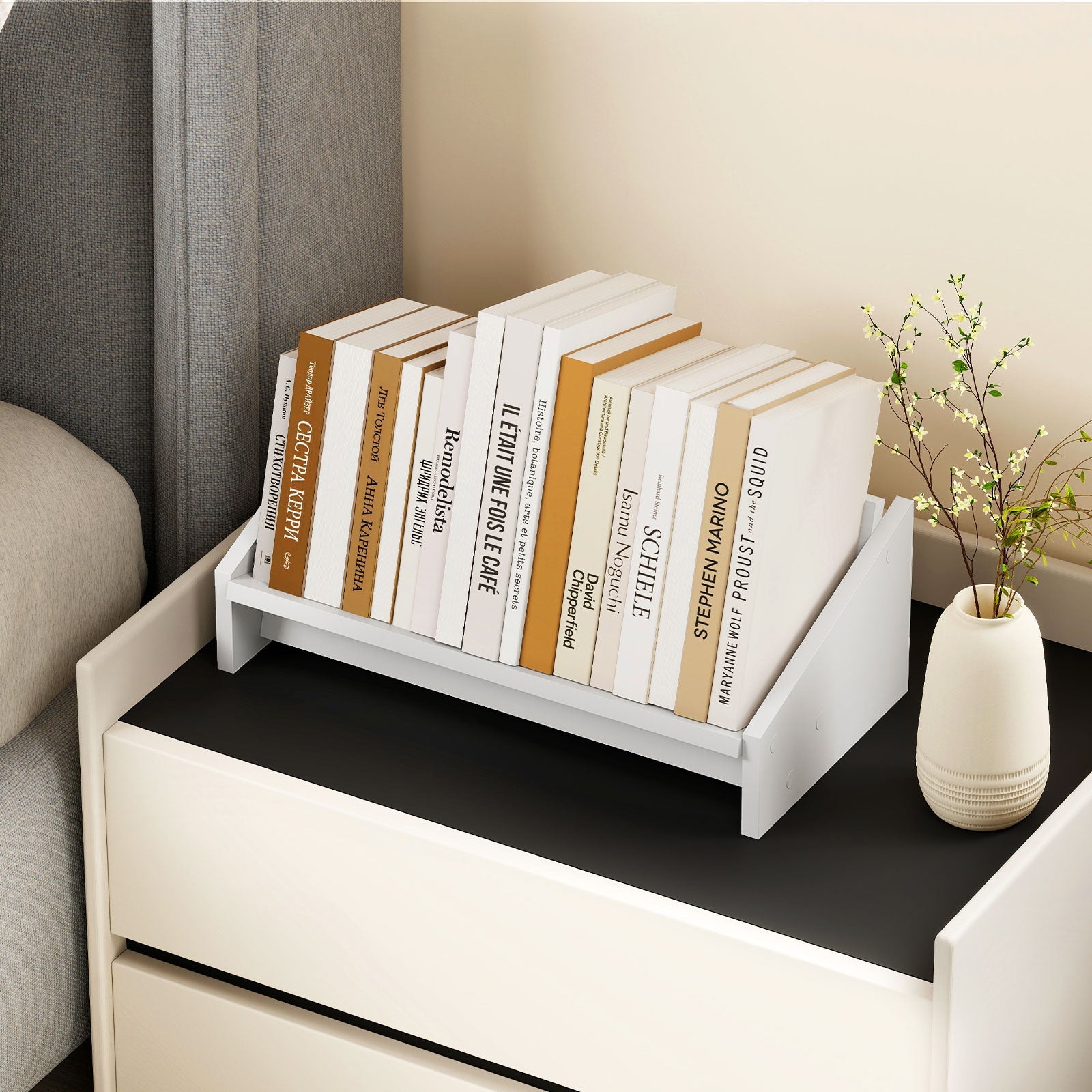 Wooden Tilting Bookcase Small Desktop Bookshelf Organizer for Magazines-White