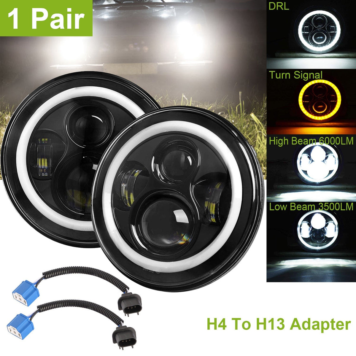 2 X 7" 6000LM Round LED Headlight Halo Angel Eyes for Jeep Wrangler TJ JK CJ w/H4 to H13 Adapter Plug and Play