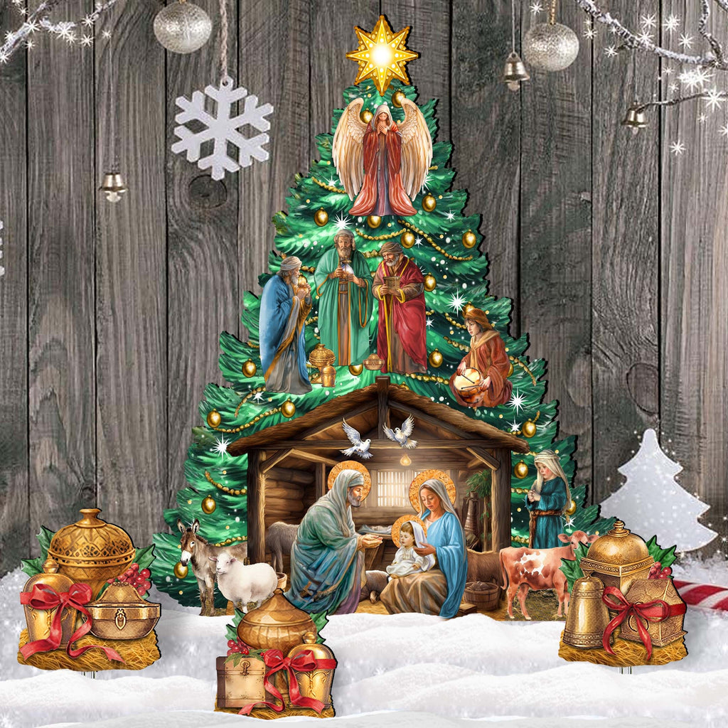 Nativity-Themed Christmas Tree Set Outdoor Indoor Décor Wooden Christmas Decoration by G. Debrekht Christmas Décor - 8191503-3F-G