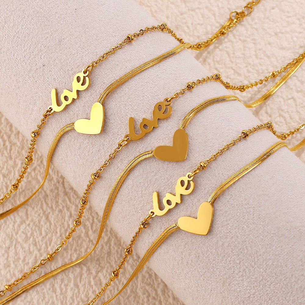 New European & American Fashion Double Layer Heart Love Pendant Anklet For Women, INS Minimalist Style, Trendy Anklet