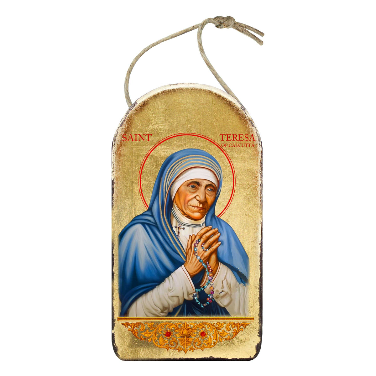 Saint Teresa Icon Ornament - Handcrafted Wooden Byzantine Style Gold Plated Decor - 87064