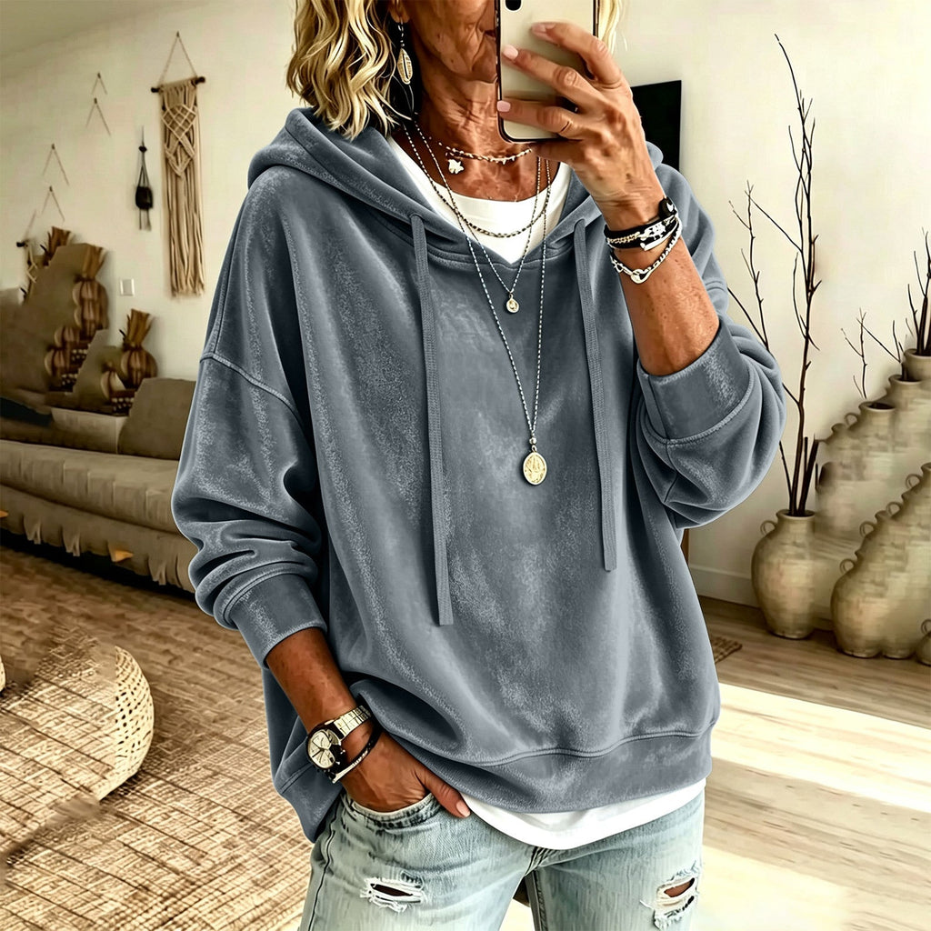 Womens Casual Solid-Color Hooded Long-Sleeve Top With Drawstring