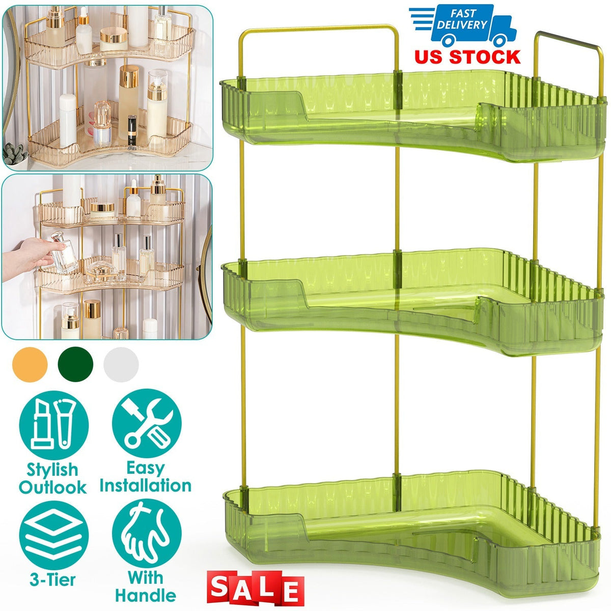 Bathroom Countertop Organizer 3 Tier Corner Makeup Storage Shelf Vanity Cosmetic Perfume Tray Clear Corner Rack for Bedroom Bathroom Kitchen