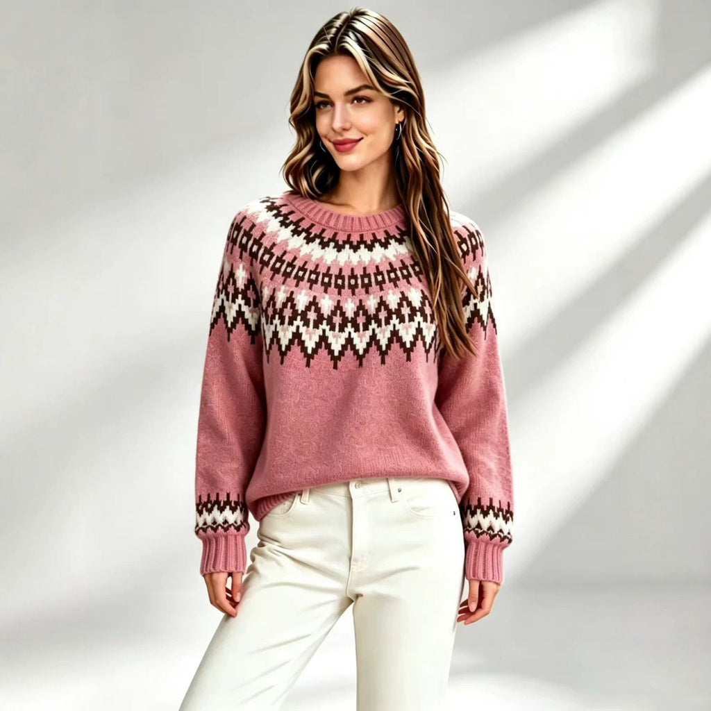 Womens Retro Fair-Isle Knit Crew-Neck Sweater