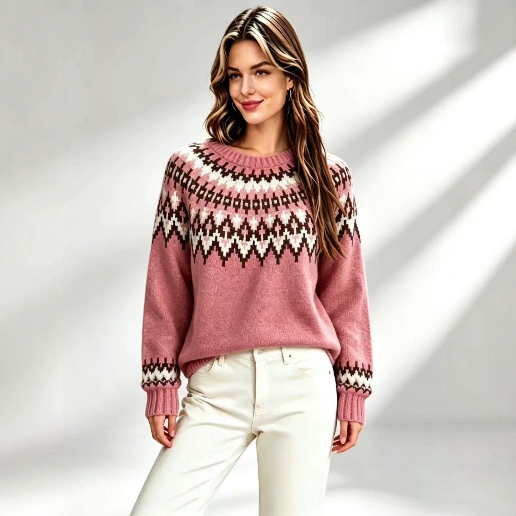 Womens Retro Fair-Isle Knit Crew-Neck Sweater