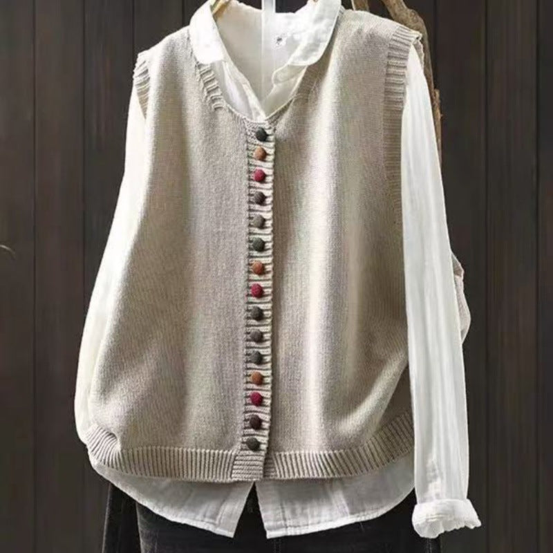 Colored Button Cotton Thread Knitted Vest