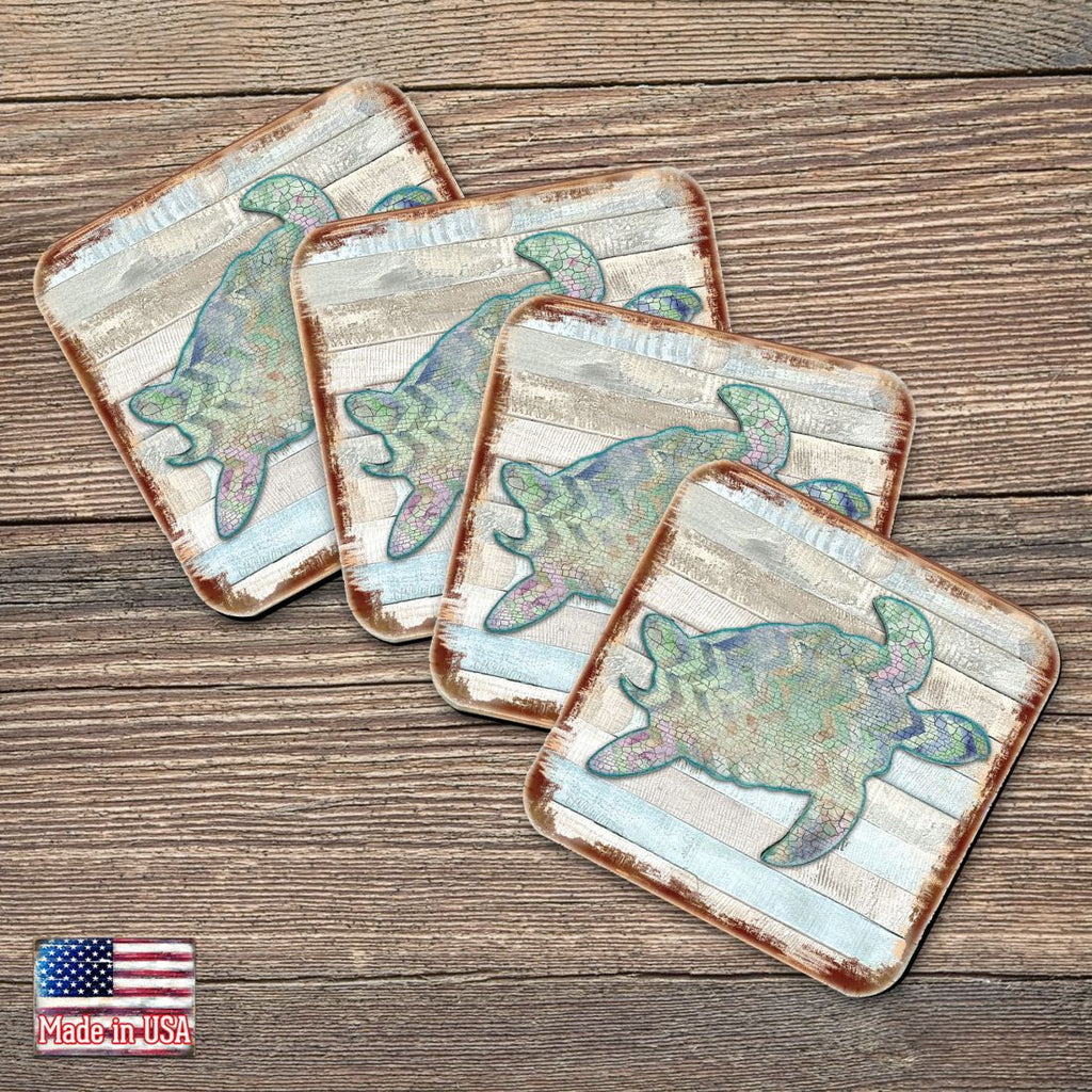 Sea Turtle Coastal Wooden Cork Coasters Gift Set of 4 by Nature Wonders - Coastal Sea-Life Decor - 8198518-9C-S4