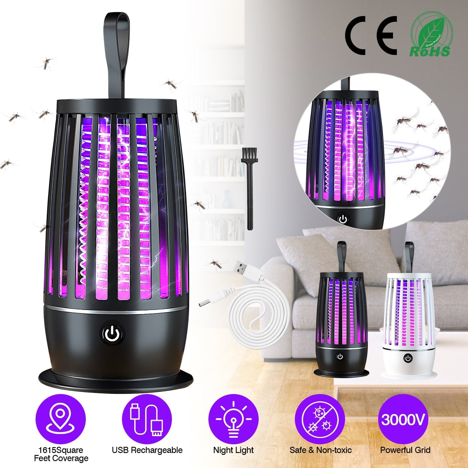 Rechargeable Mosquito Killer Lamp Bug Zapper with Night Light Strap Mosquito Catcher with Max 1615Square Feet Range UV Light for Indoor Outdoor
