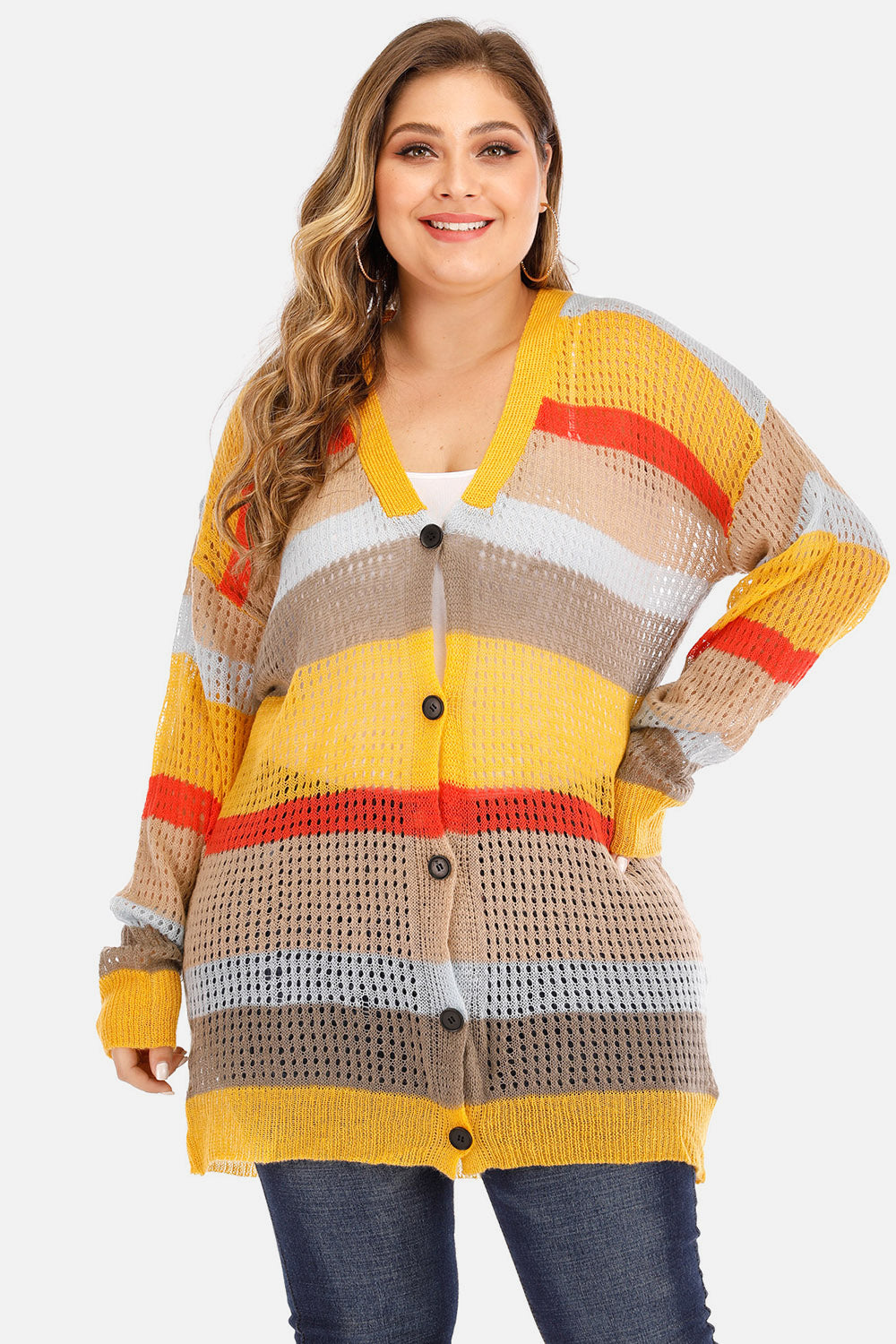 Openwork Color Block Button Up Cardigan