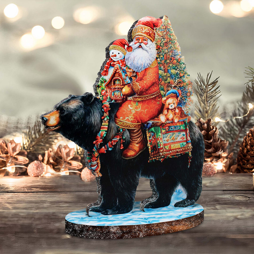 Santa Claus and Black Bear Limited Edition Wooden Figurine by G. Debrekht - Christmas Centerpiece Decoration - 89315