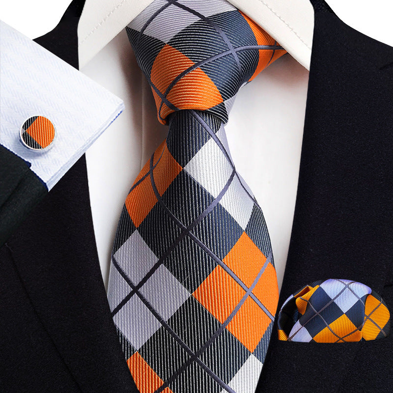 Mens Plaid Formal Tie Pocket Square And Cufflinks Three-Piece Set