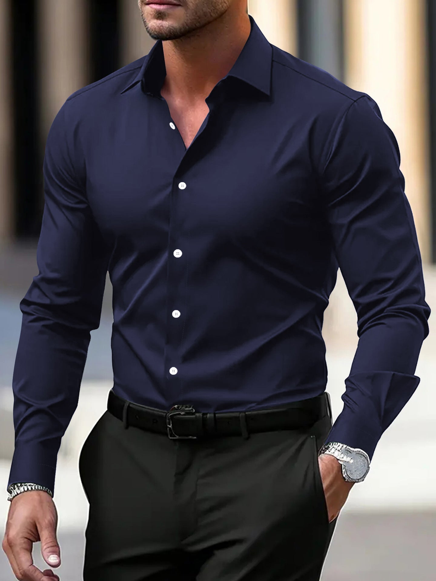 Men’s Long-Sleeve Casual Shirt – Solid Color Button-Down
