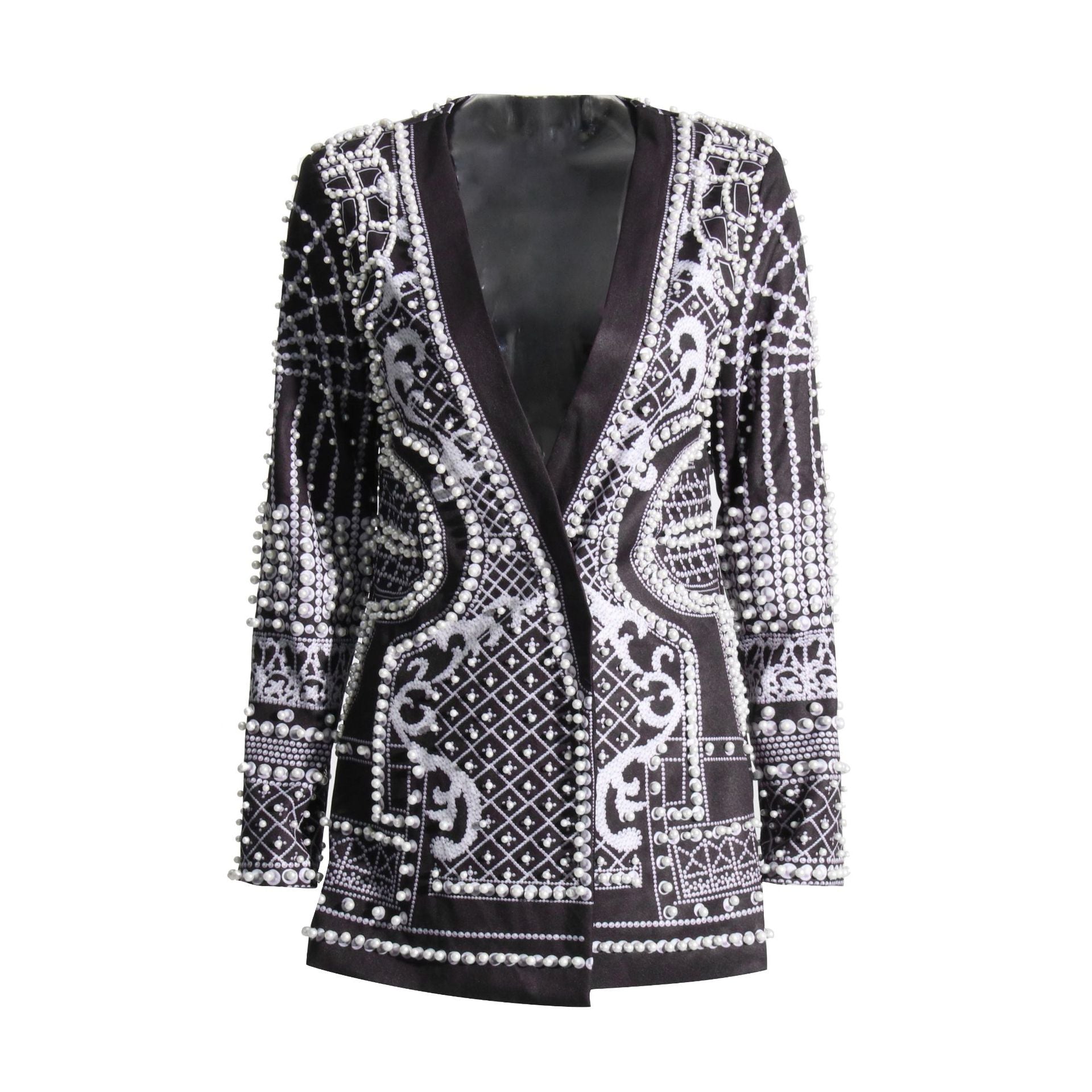 Pearl-bead Printed Petite Blazer For Women