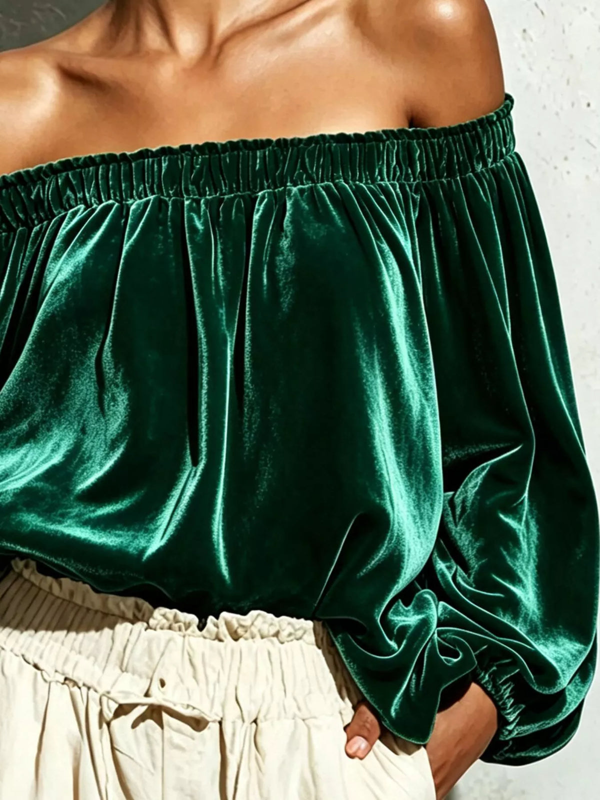 Off-Shoulder Velvet Long Sleeve T-Shirt