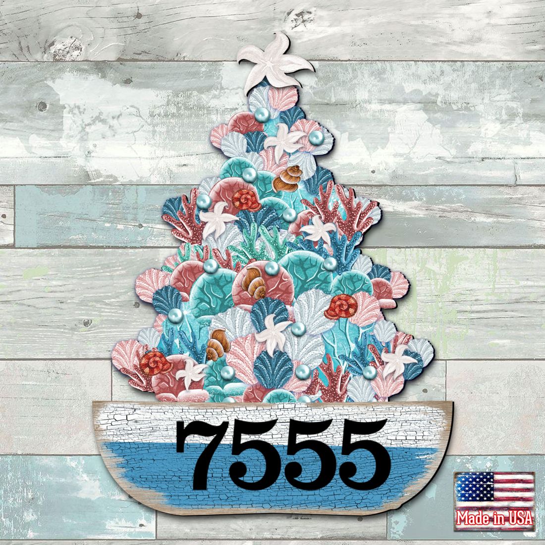 Coastal Tree Boat Personalized House Number Sign by G. Debrekht - Coastal Sea-Life Decor - Handcrafted Wooden Address Sign - MA81931492