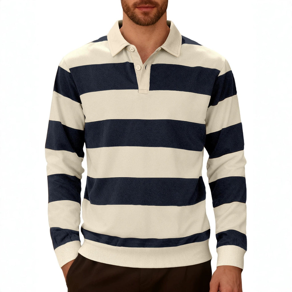 Men's Striped Color-Blocked Button Long-Sleeve Knit Shirt, Casual Sporty Trendy Business Polo Shirt