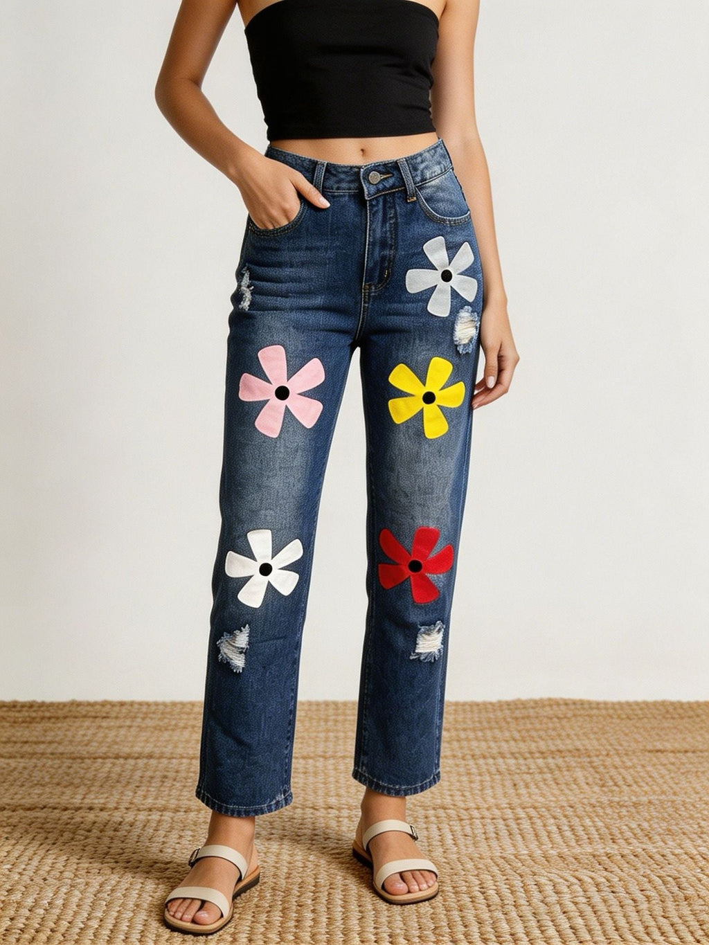 Fashionable And Versatile Womens Denim Jeans With A Dopamine Print