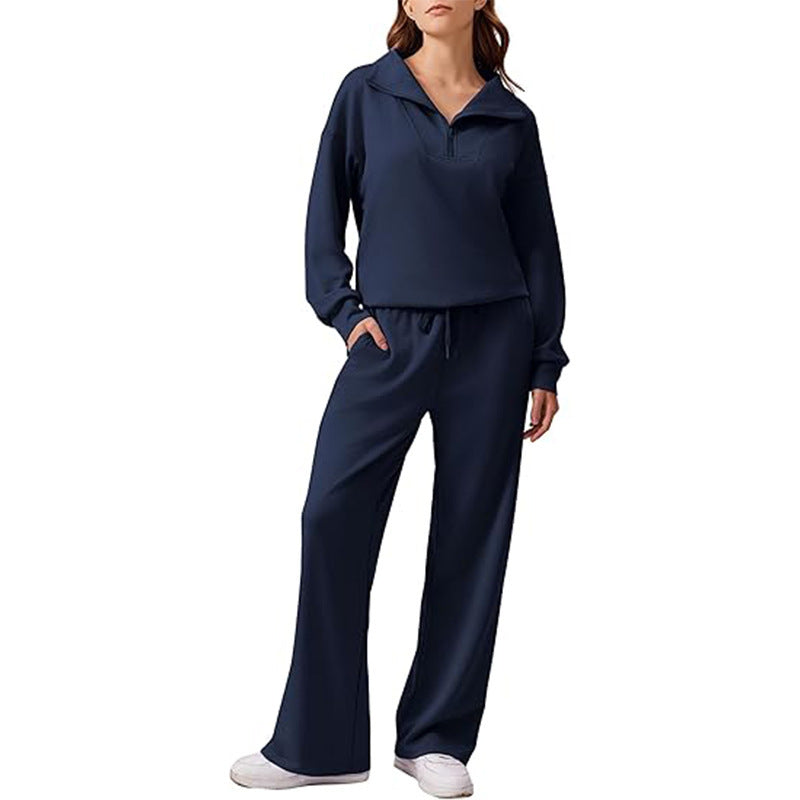 Women’s Casual Two-Piece Set – Lapel Top & Wide-Leg Pants