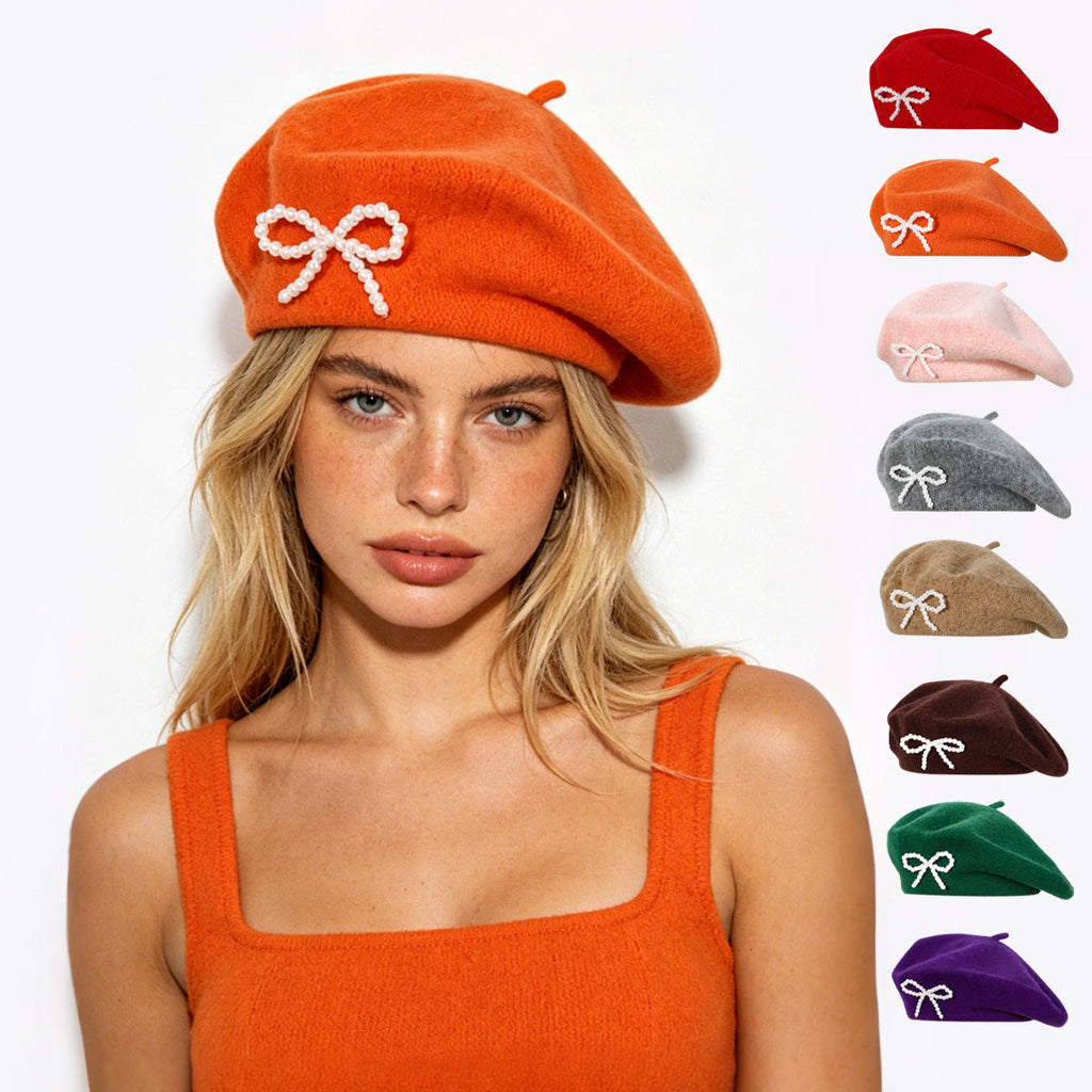 Pearl Bow Wool Breathable Beret