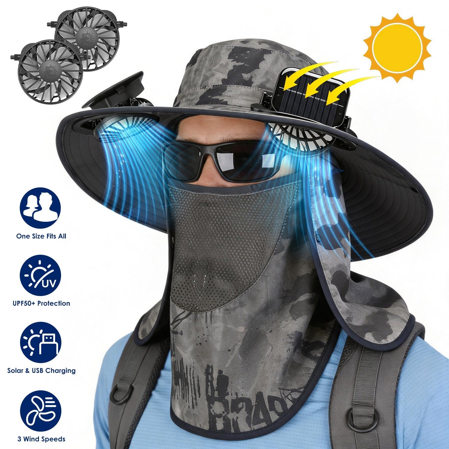 Solar Fan Hat with UPF50+ Sun Protection & Neck Flap