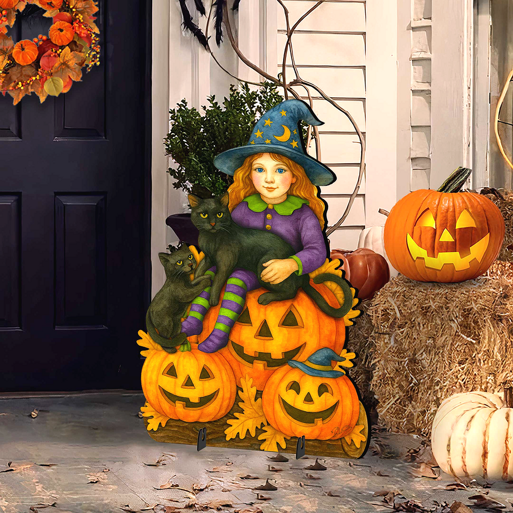 Halloween Witch with Black Cats Freestanding Outdoor Décor – Handcrafted Wooden Yard Display by G. DeBrekht – 8652838F