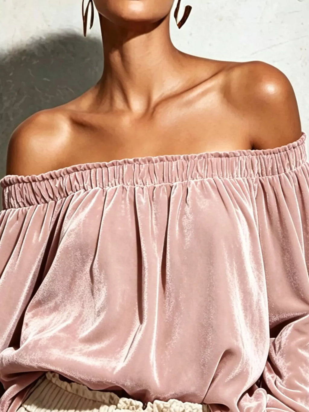 Off-Shoulder Velvet Long Sleeve T-Shirt