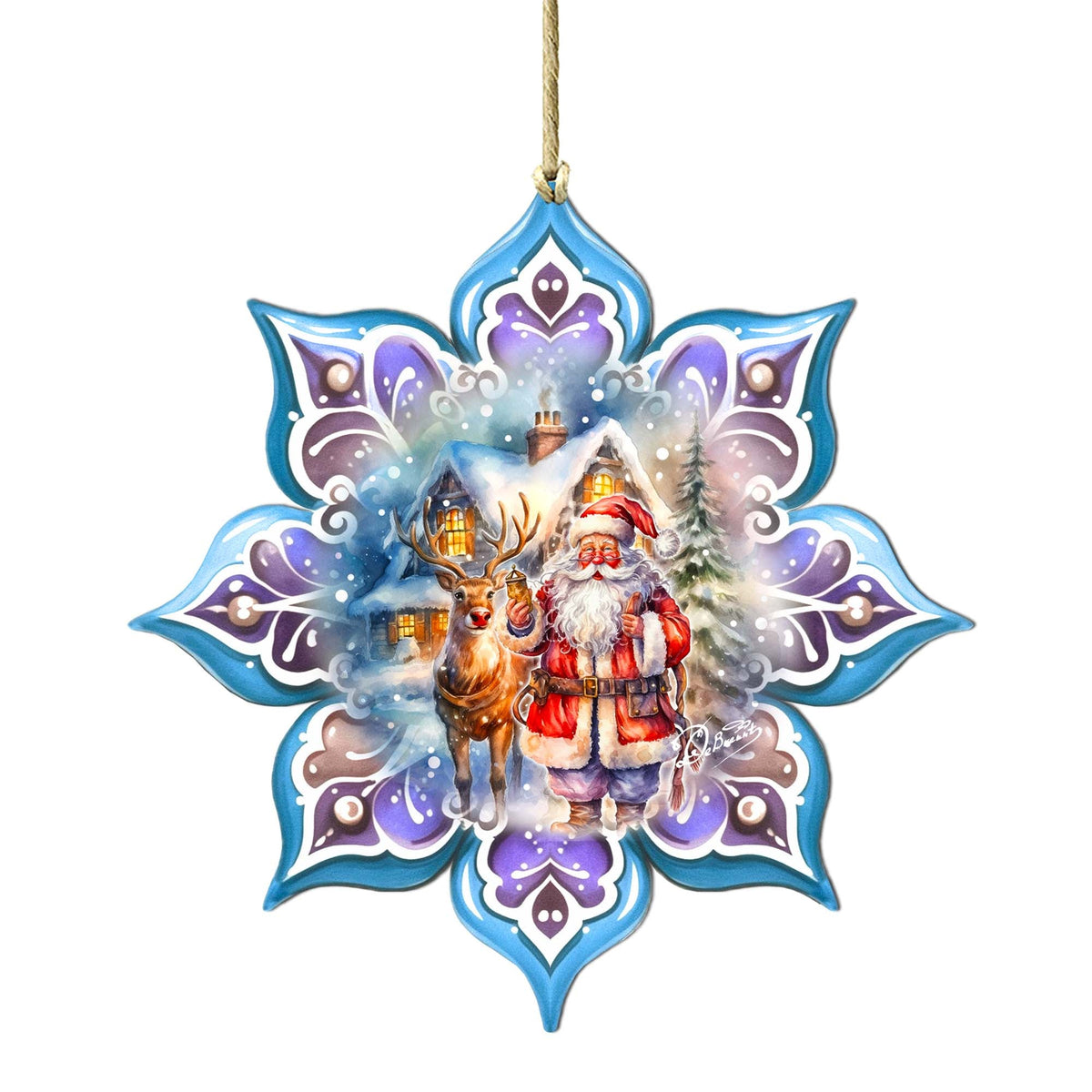 Santa with Reindeer Snowflake Large Wooden Ornament by G. Debrekht - Christmas Santa Snowman Decor - 8688405M