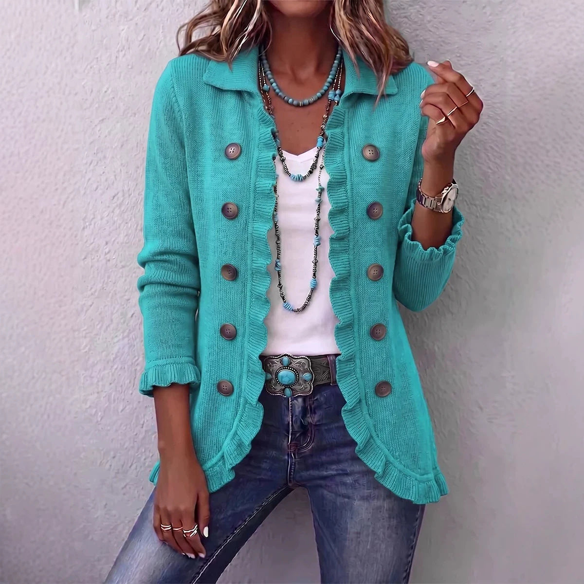 Women’s Ruffled Knit Button Cardigan – 8 Colors
