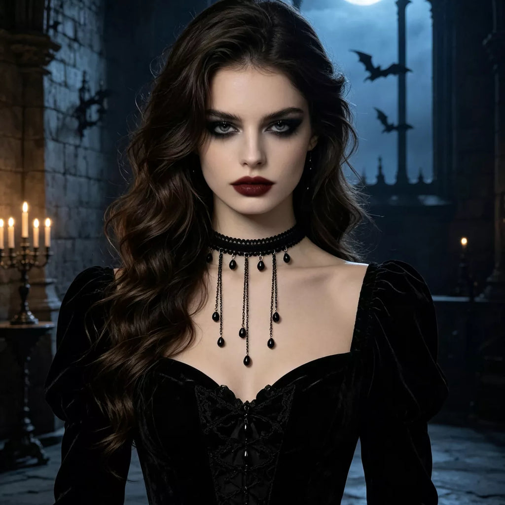 Gothic Lace Choker Necklace with Teardrop Dangle Charms