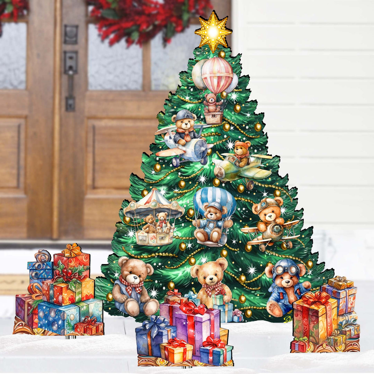 Teddy Bear-Themed Christmas Tree Set Outdoor Indoor Décor Wooden Christmas Decoration by G. Debrekht Christmas Décor - 8191508F-G