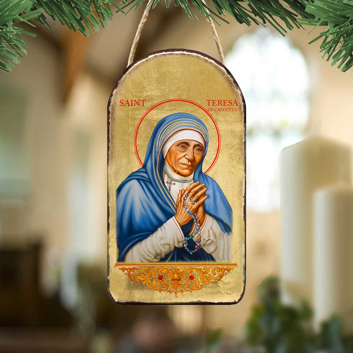 Saint Teresa Icon Ornament - Handcrafted Wooden Byzantine Style Gold Plated Decor - 87064