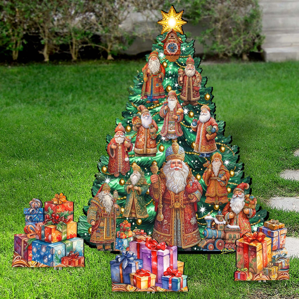 Santa-Themed Christmas Tree Set Outdoor Indoor Decor Wooden Christmas Decoration by G. Debrekht Christmas Decor - 8191517F-G