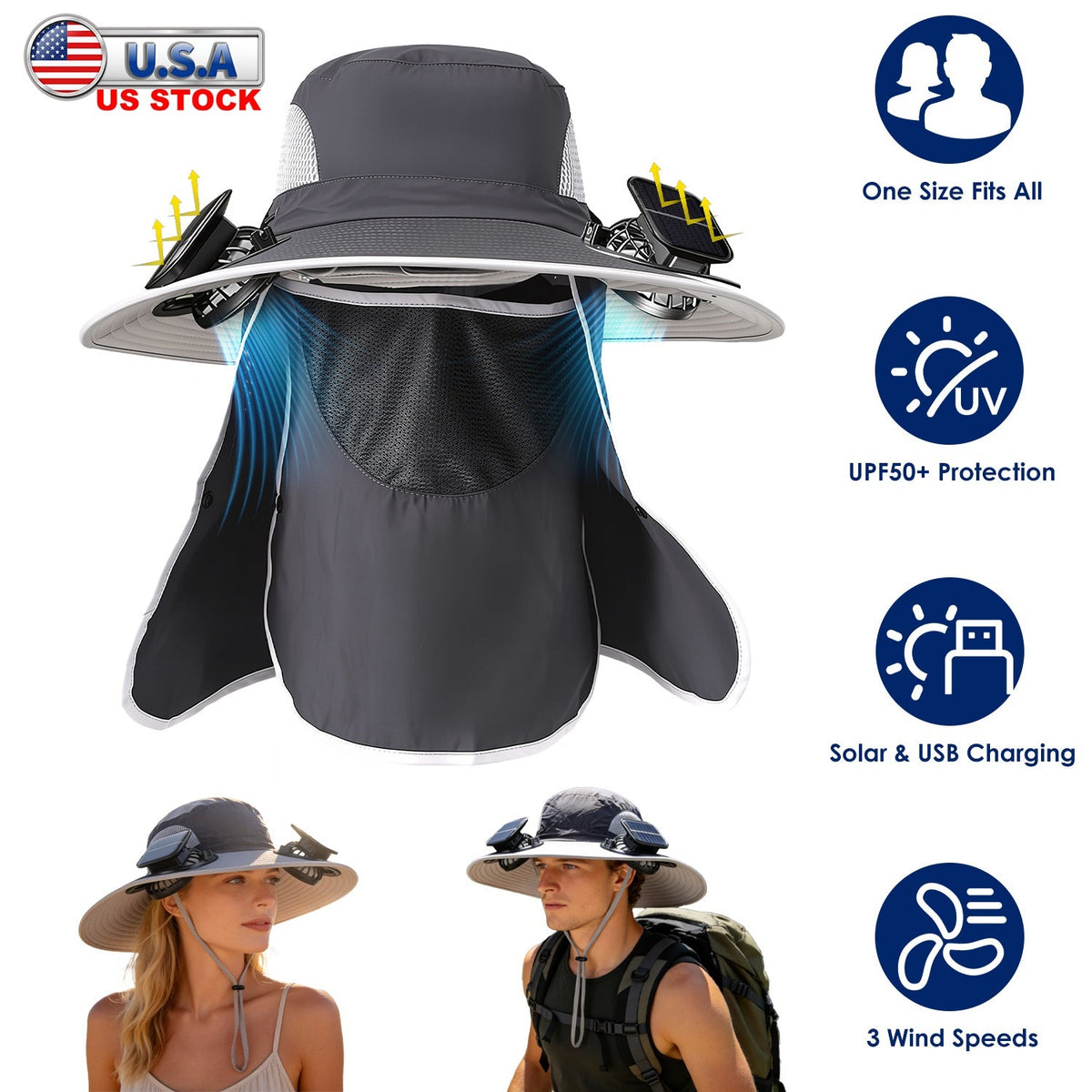 Solar Fan Hat with UPF50+ Sun Protection & Neck Flap