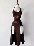 Slit Halter Neck Sun-Embroidered Dress