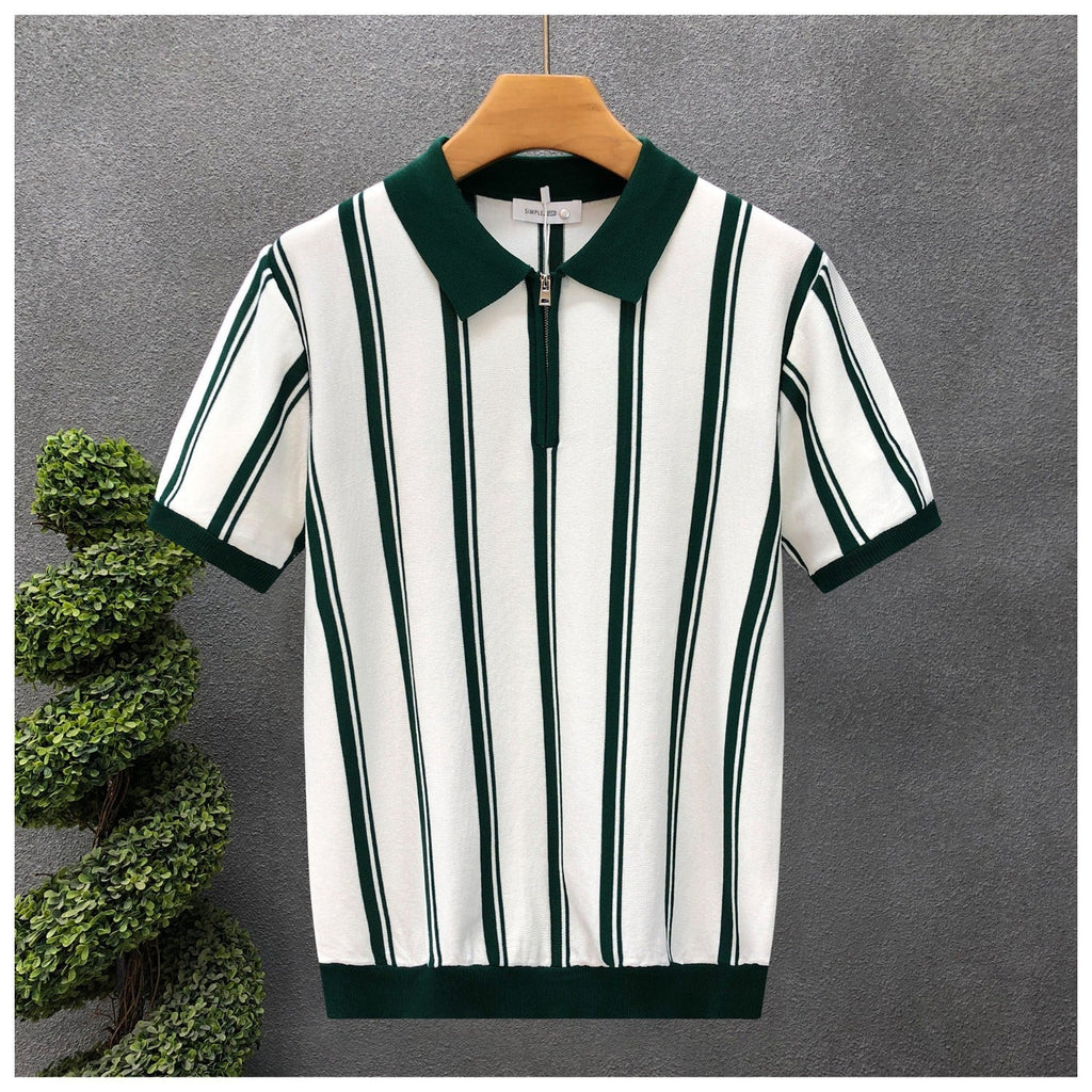 Mens Half-Zip Short-Sleeve Striped Polo Shirt
