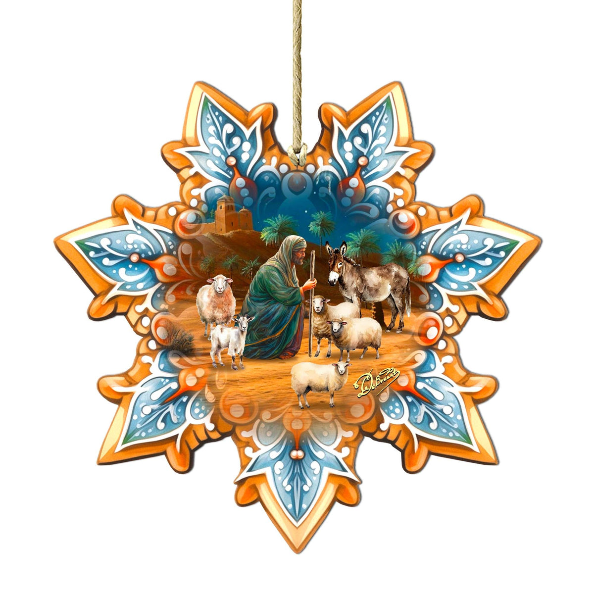 Joseph with Animals Snowflake Large Wooden Ornament by G. Debrekht - Nativity Holiday Décor - 8688437M