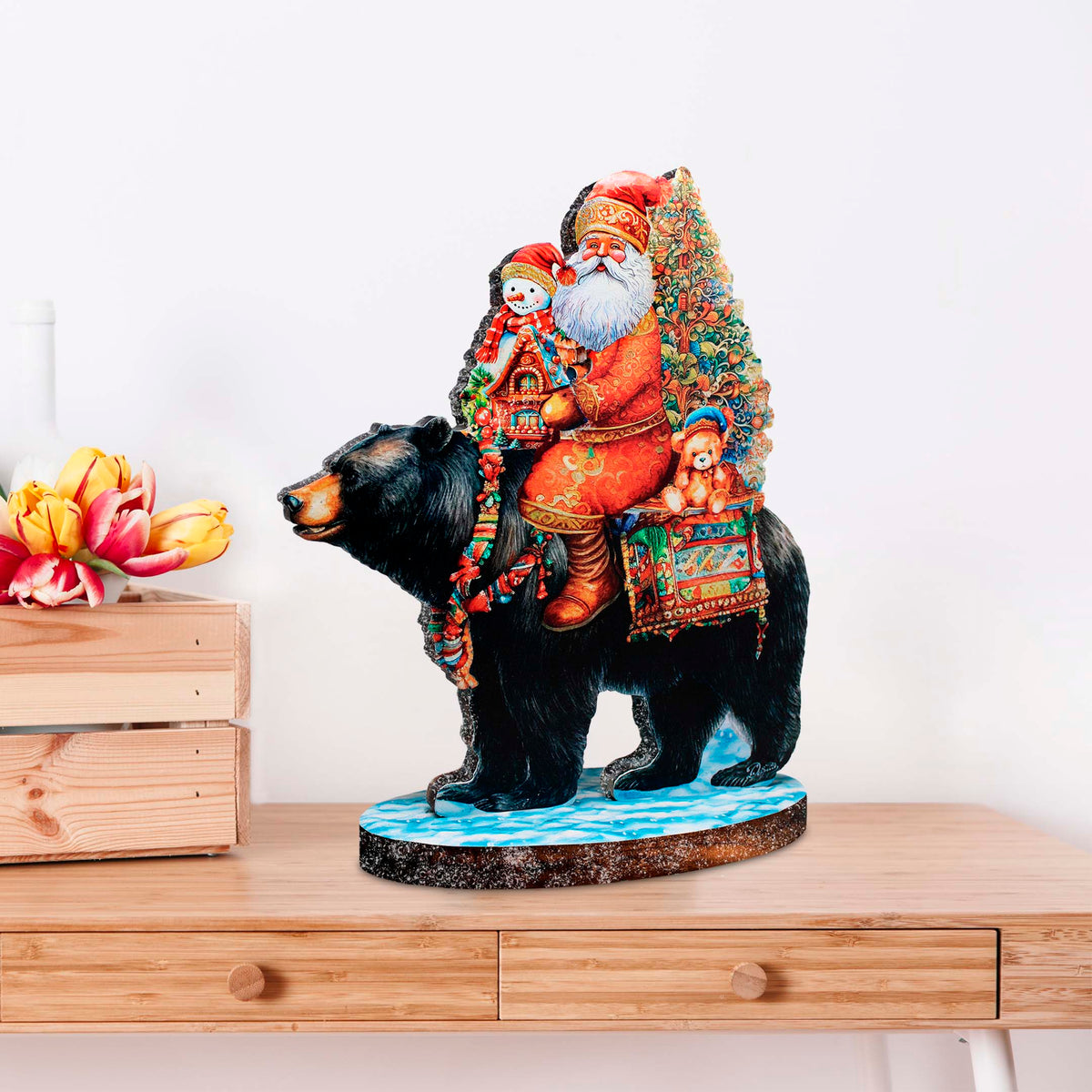 Santa Claus and Black Bear Limited Edition Wooden Figurine by G. Debrekht - Christmas Centerpiece Decoration - 89315