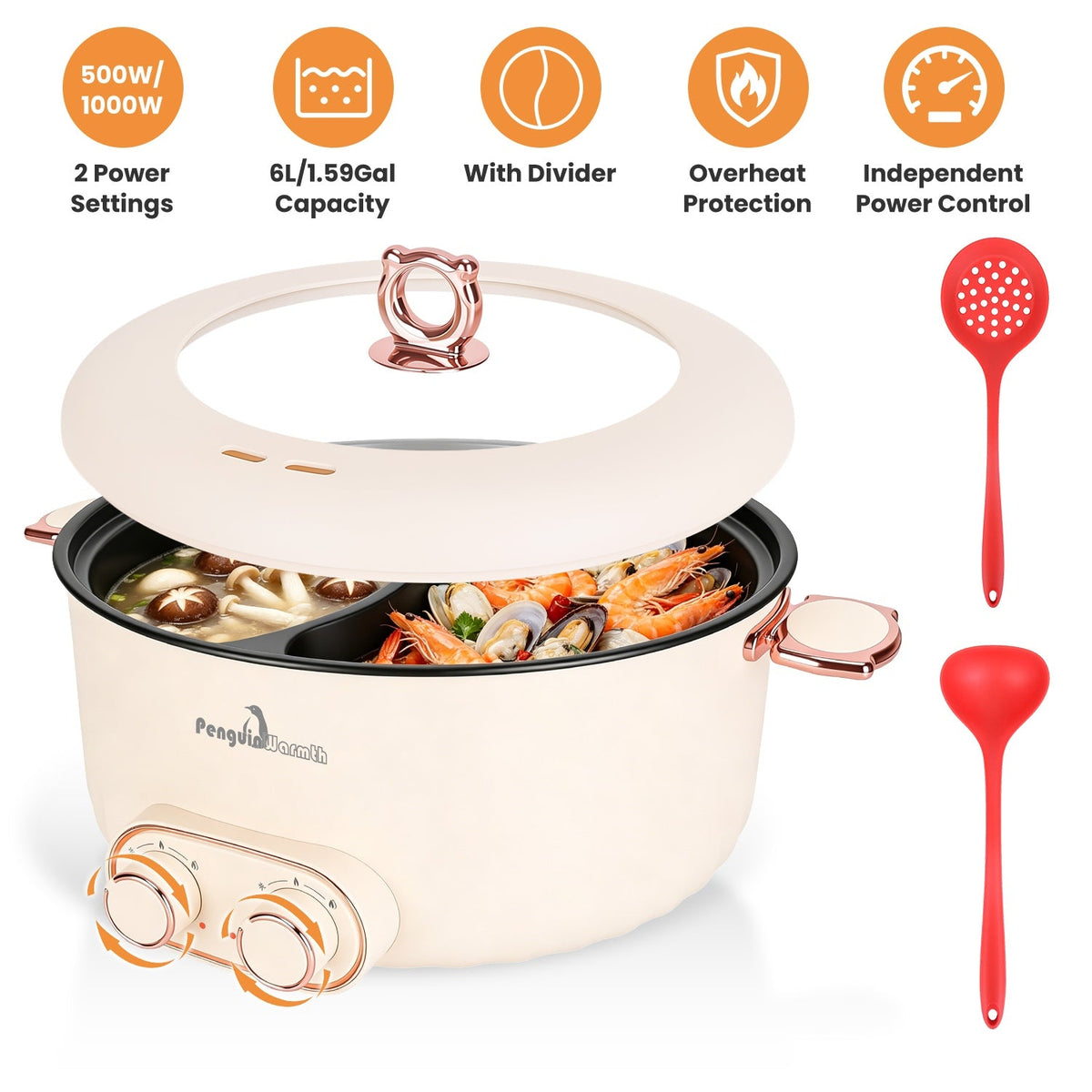Electric Hot Pot with Divider 6L Dual Control Stainless Steel