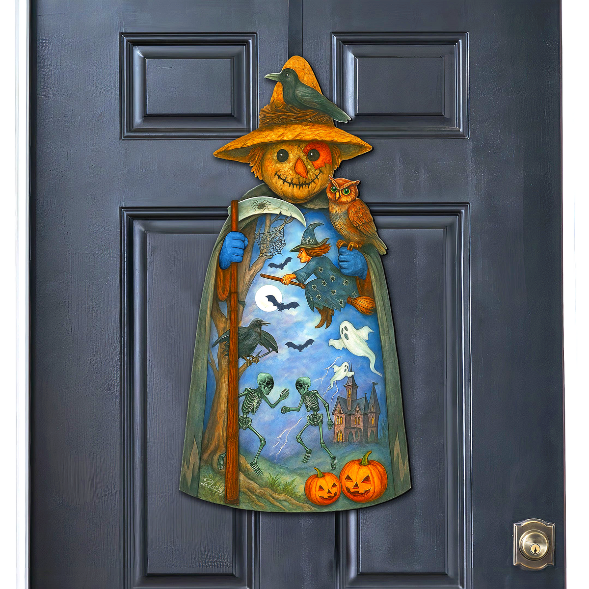 Halloween Scarecrow Door Hanger – Handcrafted Wooden Door Décor by G. DeBrekht – 8652835H
