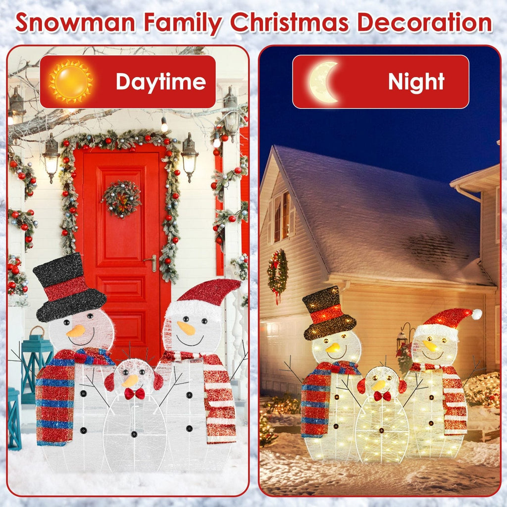 3Pcs 2D Christmas Snowman Yard Decoration Snowman Family Outdoor Decoration With 90Pcs LED Warm Yellow Lights 8 Lighting Modes IP44 Waterproof For Chr