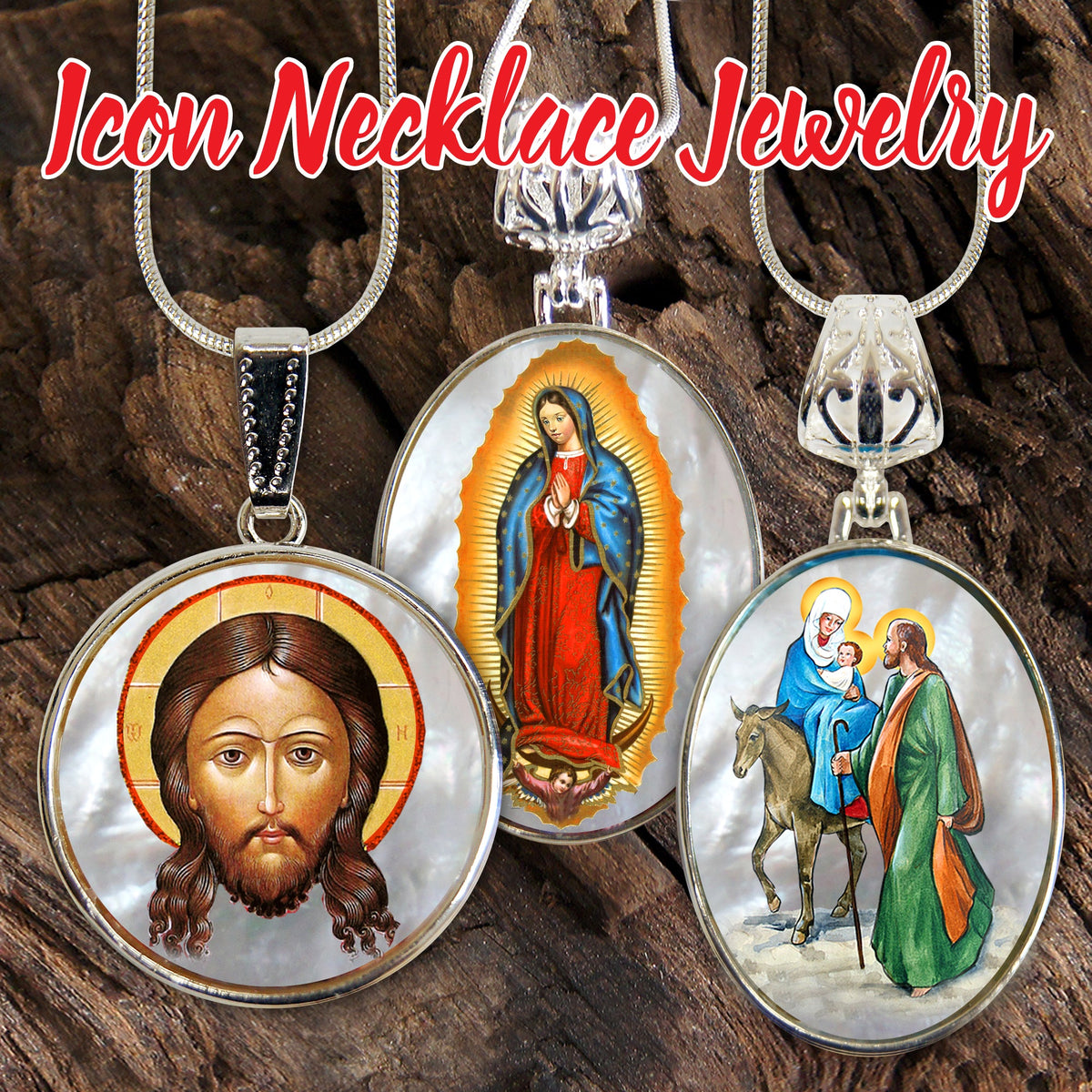Saint George Religious Jewelry Silver Plated Necklace, Gold-Plated Wooden Cabochon - Orthodox Sacred Icon - Inspirational Icon Decor - 43013R