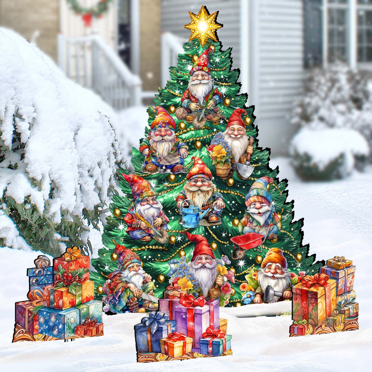 Gnomes-Themed Christmas Tree Set Outdoor Indoor Decor Wooden Christmas Decoration by G. Debrekht Christmas Decor - 8191512F-G