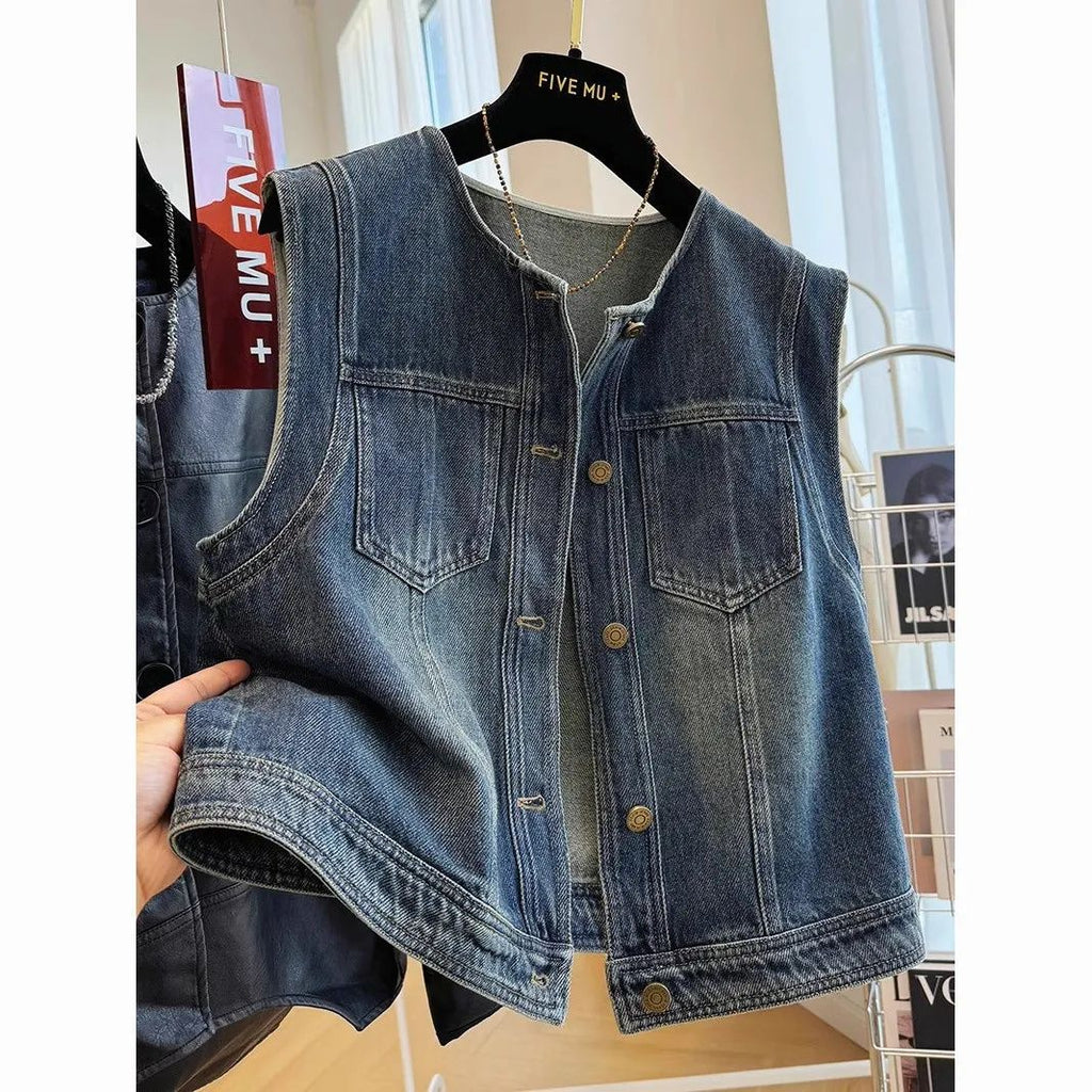 Round-neck Loose-fit Figure-flattering Denim Vest Jacket