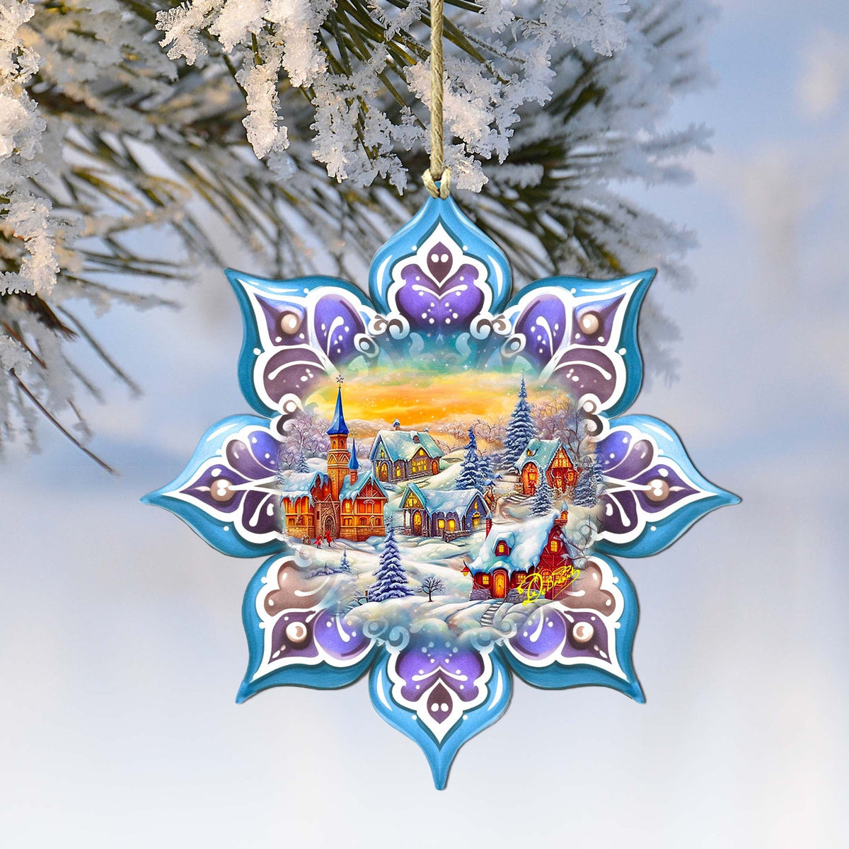 Christmas Village Snowflake Large Wooden Ornament by G. Debrekht - Christmas Decor - 8688417M