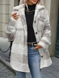 Womens Fallwinter Lambswool Lapel Loose-fit Casual Plaid Plush Long-sleeve Coat