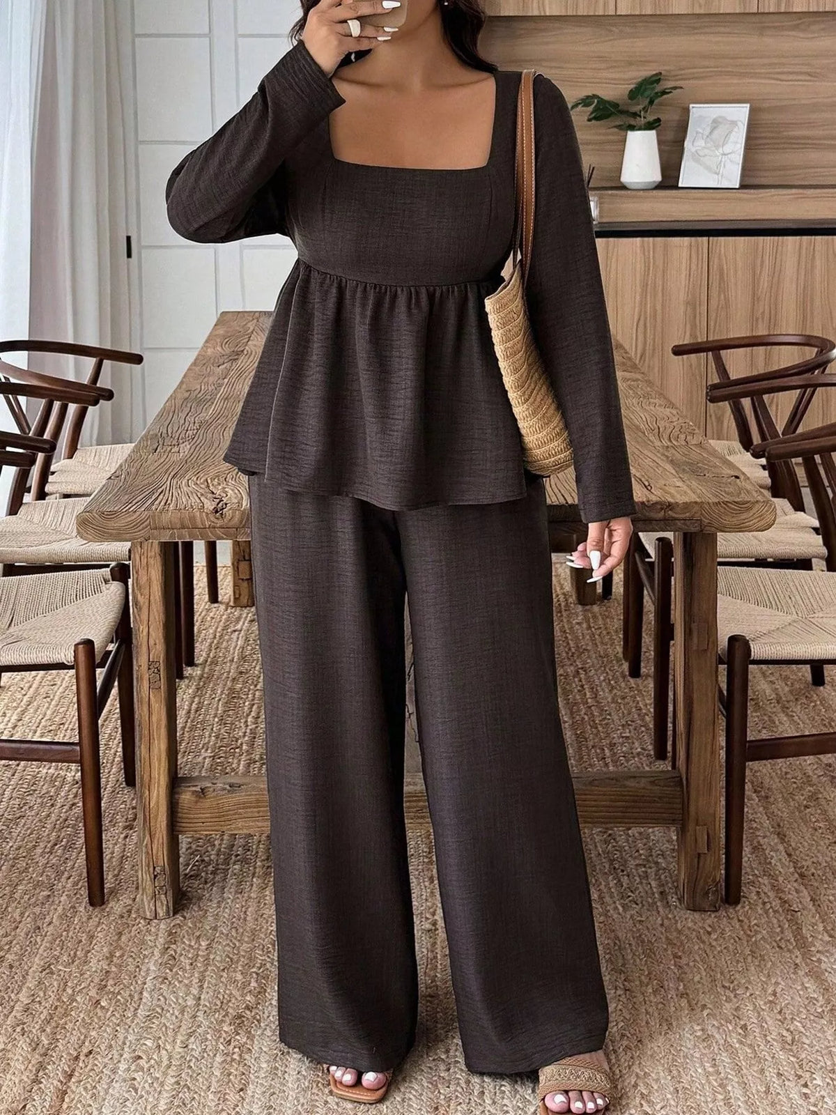 Square Neck Long Sleeve Top and Pants Two-Piece Set