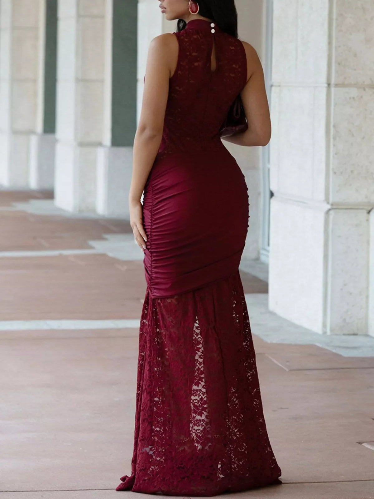 Lace Keyhole High-Slit Maxi Dress