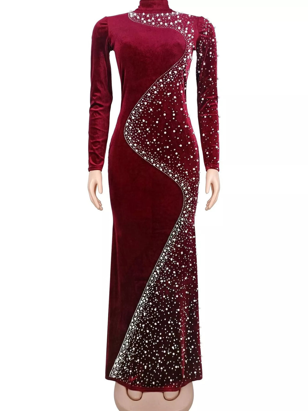 Rhinestone Embellished Velvet Mermaid Evening Maxi Dress