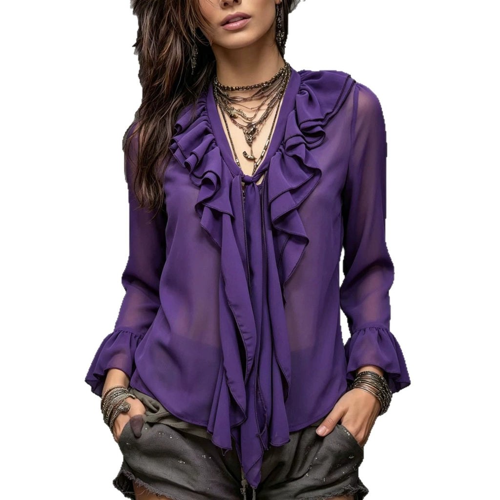 Bohemian Chiffon See-Through Ruffled Blouse – Long Sleeve