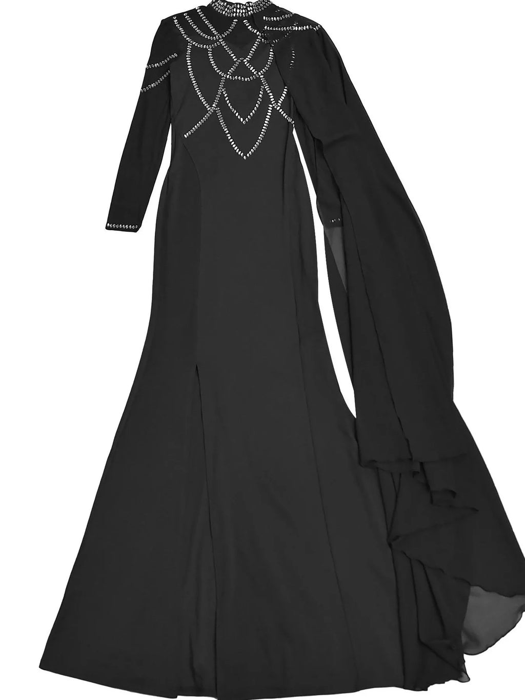 Rhinestone Slit Maxi Dress with Sheer Cape Sleeves